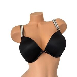 Victoria's Secret 36D Bombshell Add-2-Cups Push Up Plunge Bra Black Rhinestones